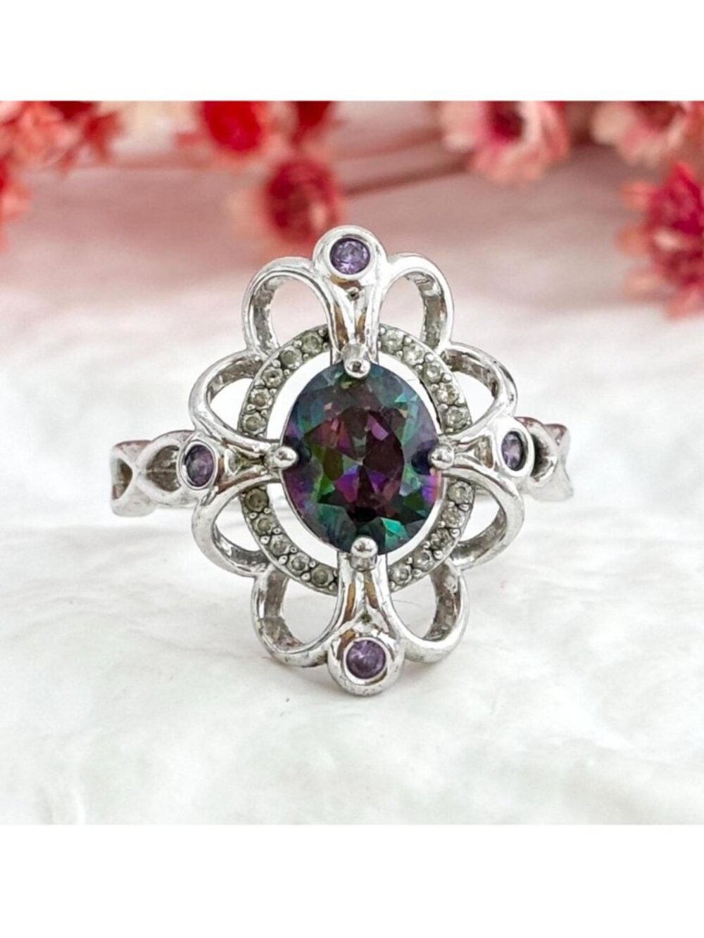 Mystic Topaz Gemstone Scalloped Halo Sterling Silver 925 Vintage Ring - sz 12.25